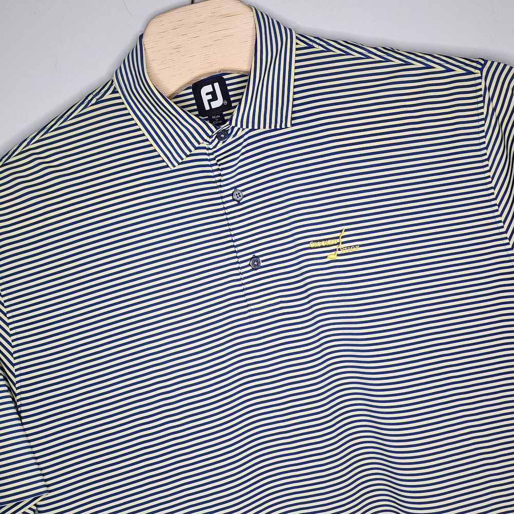 Footjoy FJ Polo Golf Shirt Mens Size XXL Striped Blue Yellow Logo Crooked Stick